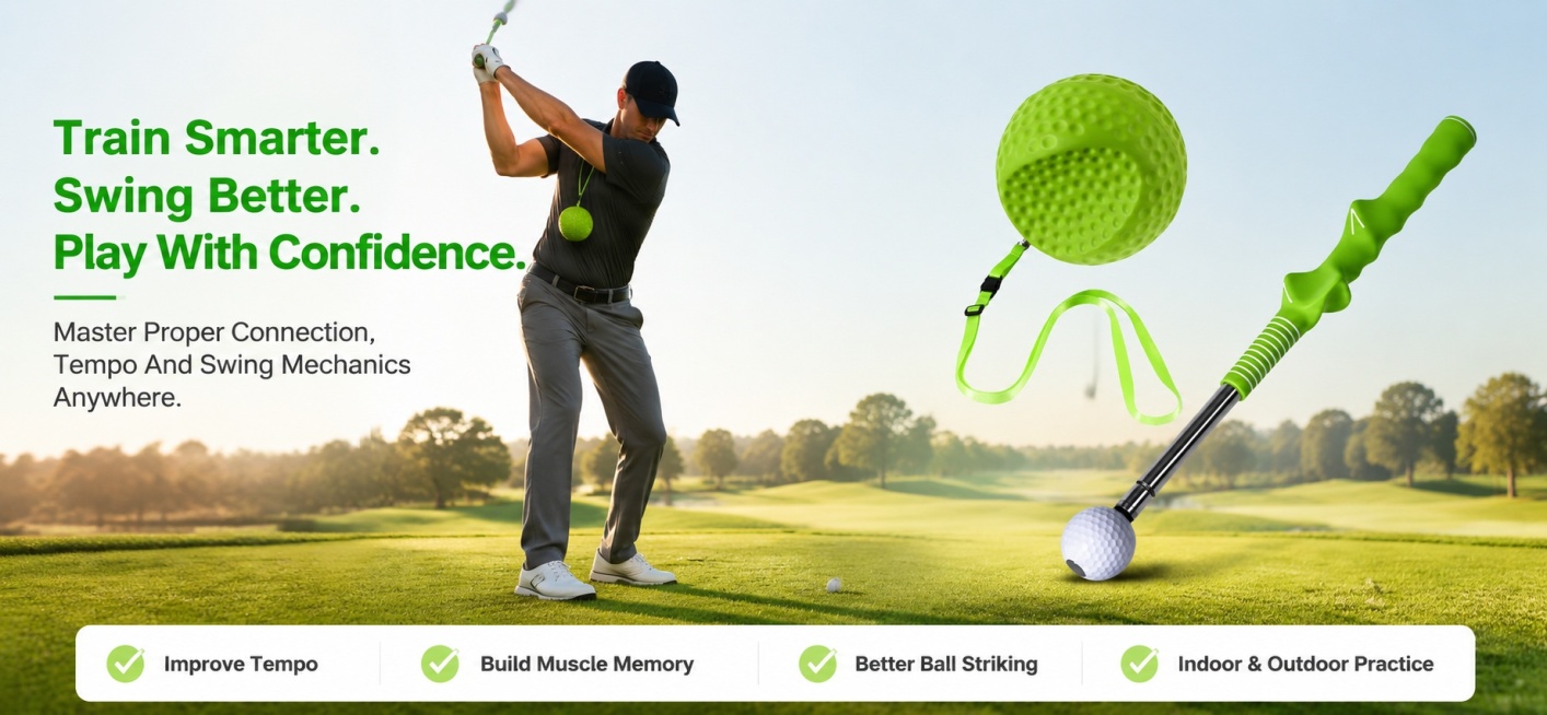 [第1屏] 亚马逊A+品牌故事横幅头图-Golf Swing Trainer Kit。本屏使用【图1】作为商品主体。
[氛围/风格] 专业户外运动风，真实商业摄影质感，清新通透，简约大气。
[元素布局预览效果