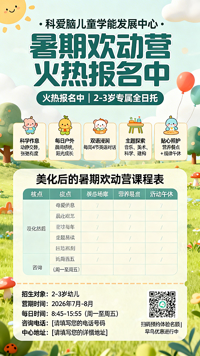 设计一张科爱脑儿童学能发展中心暑期欢动营的招生海报，明亮温馨童趣风格，色彩柔和。上方主视觉区文字：“科爱脑儿童学能发展中心 · 暑期欢动营 火热报名中 | 2-3岁专属全日托”，标题下方配有5个核心亮点：1.科学作息：动静交替，张弛有度 2.每日户外：晨间感统，阳光成长 3.双语浸润：每周4节英语对话 4.主题探索：音乐、美术、科学、建构 5.贴心照护：营养餐点 + 规律午休，每个亮点搭配可爱小图标。中间核心区放置美化后的暑期欢动营课程表，使用柔和底色与分隔线，字体清晰易读。底部行动号召区文字：招生对象：2-3岁幼儿；营期时间：2026年7月-8月；每日时间：8:45 - 15:55（周一至周五）；咨询电话：[请填写您的电话号码]；中心地址：[请填写您的详细地址]；扫码预约体验名额 | 早鸟优惠进行中，配二维码占位图标。整体布局宽松有留白，标题醒目，正文清晰。