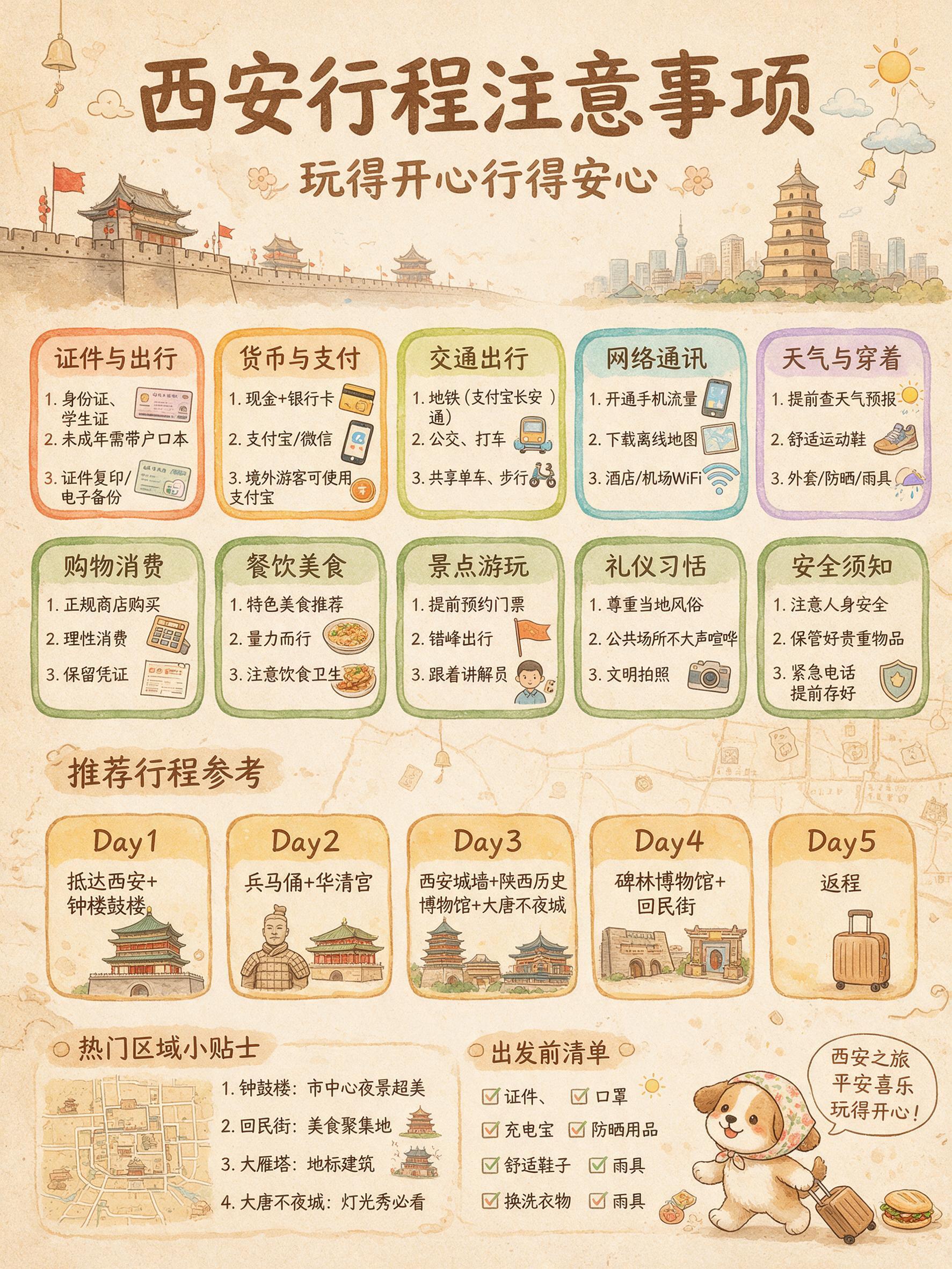 手绘水彩卡通风格的西安行程注意事项海报，竖版构图，米黄色暖色调… - 图片创意预览