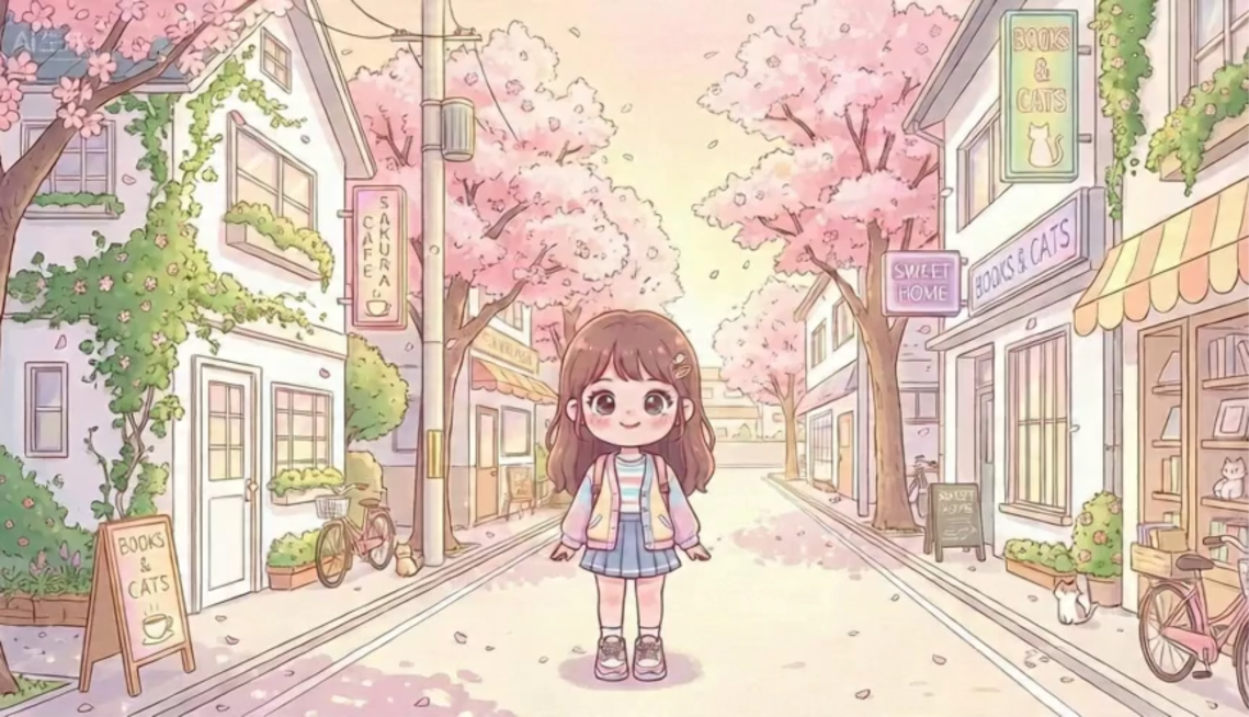 可爱Q版女孩走到樱花街道旁，弯腰伸手抚摸一只可爱的小猫，樱花花瓣轻轻飘落，整体风格温馨治愈，卡通手绘风，搭配轻松背景音乐预览效果