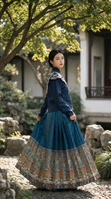 9:16竖版，杂志级国风场景排版。整体还原雀蓝色飞翟麒麟织金妆花马面裙，雀蓝色与纹样无偏差；模特搭配同系列明制交领上袄和云肩，不抢服饰主体。指定模特，25岁，气质温婉古典，妆容为国风精致淡妆，发型为低预览效果
