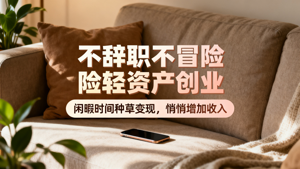 海报设计，主标题：不辞职不冒险轻资产创业，副标题：闲暇时间种草变现，悄悄增加收入。温馨日常风，背景是居家沙发场景，搭配手机和绿植元素，主副标题分明，松弛感风格。预览效果