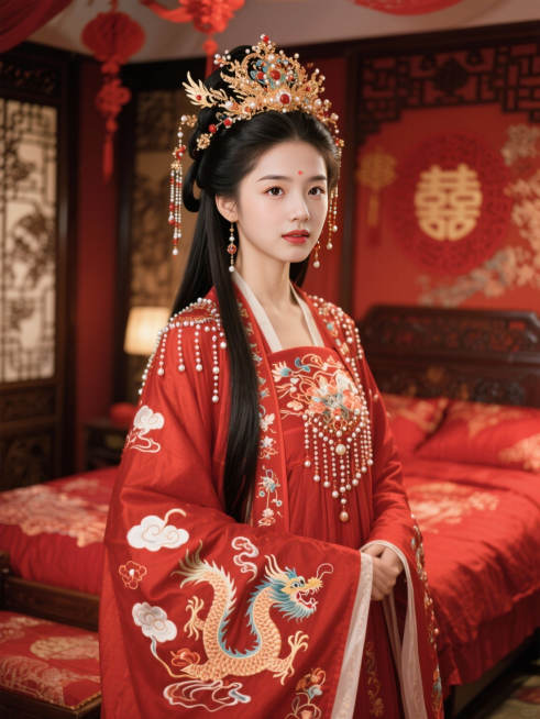 特写镜头，穿着唐代红色喜服少女，红色喜服绣有祥云、龙凤纹样，缀珠玉，头戴凤冠，尽显华丽，中式婚房。预览效果