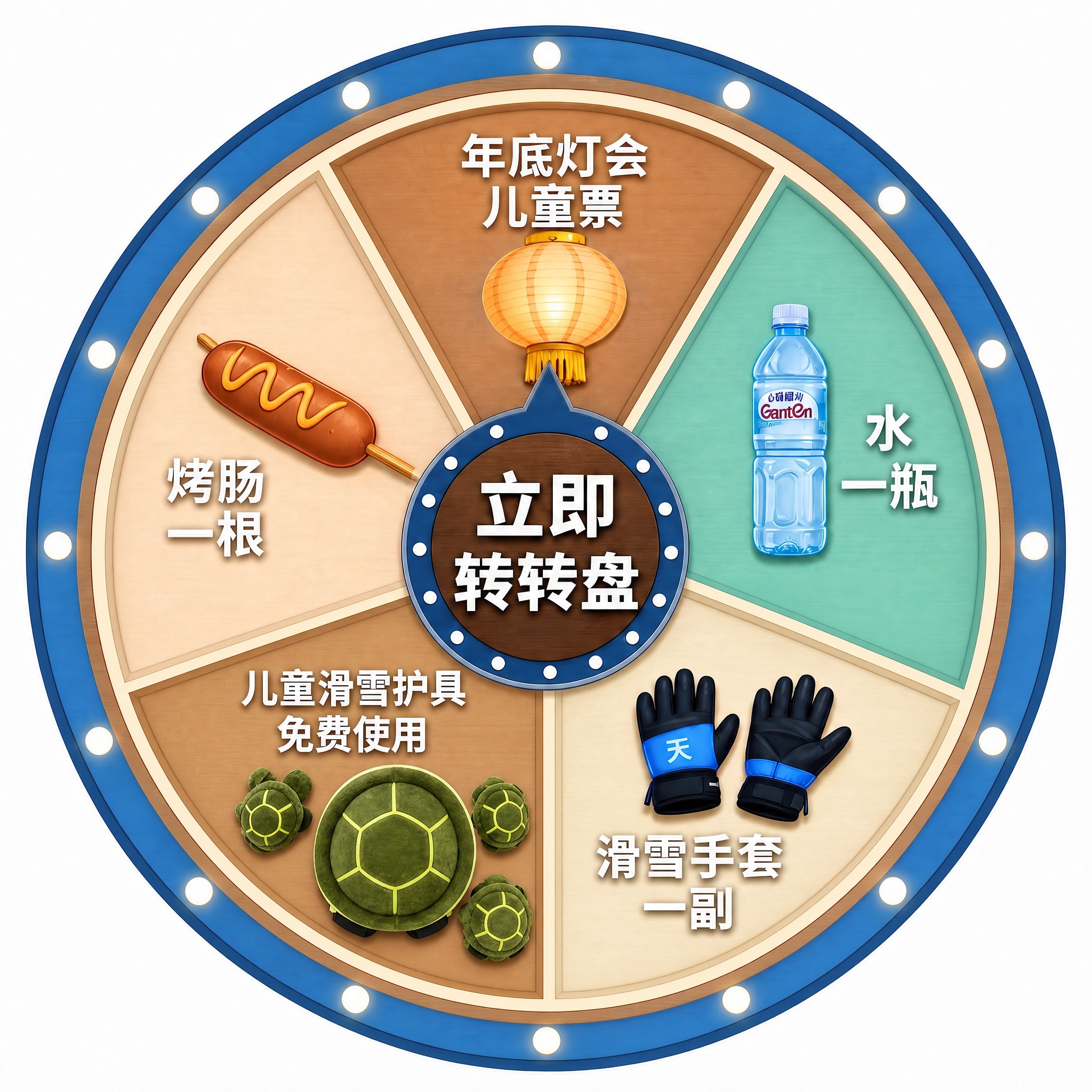 基于图1的转盘设计进行修改：1. 将"儿童滑雪护具免费使用"格… - 图片创意预览