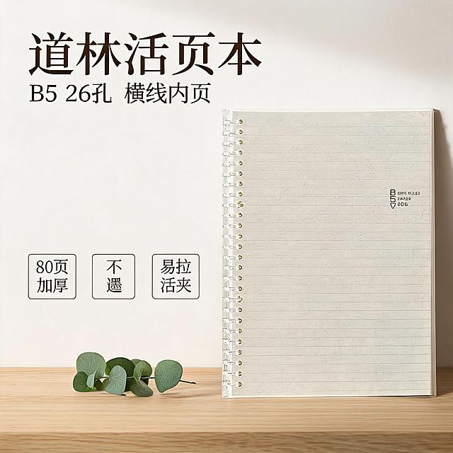 [单张主图] 道林活页本 B5 26孔，高级氛围感电商SKU主图，展示道林活页本核心卖点。
[画面主体] 道林活页本放置在画面右下侧，完整展示产品，占画面50%，保持产品外观、尺寸、横线内页、透明易拉活页夹结构与输入产品图一致，材质颜色不变，杜绝变形和色差。
[构图版式] 采用左文右物场景型版式，左侧大面积留白放文字，右侧产品主体，版式高级留白，不遮挡主体。
[场景元素] 产品放置在浅木纹办公桌面，背景为干净浅奶白色，桌面点缀一片简约绿色植物叶片，增加自然氛围感，不抢主体。
[文案版式] 左上留白区域：
大号主标题：道林活页本
小号副文案：B5 26孔 横线内页
底部三个线框图标卖点分别标注：
80页加厚
不透墨
易拉活页夹
文字左对齐，主标题最大，副文案缩小，卖点文字清晰，排版克制高级。
[光影质感] 主光为柔和斜射自然光，从左侧窗户射入，在桌面形成浅淡光影投影，产品轮廓清晰，纸张纹理自然，整体质感通透高级，浅景深背景虚化，突出产品主体。
[配色字体] 主色调为浅奶白色+浅木色，文字用深棕色，低饱和配色高级柔和，字体采用细衬线字体，字重克制，主标题加粗，整体清新干净。
[比例分辨率] 1:1 比例，2K 分辨率，文字清晰可辨，超高清画质。
[负向提示词] 变形，水印，文字错乱，产品图模糊，背景杂乱，主体遮挡，错字，伪logo
