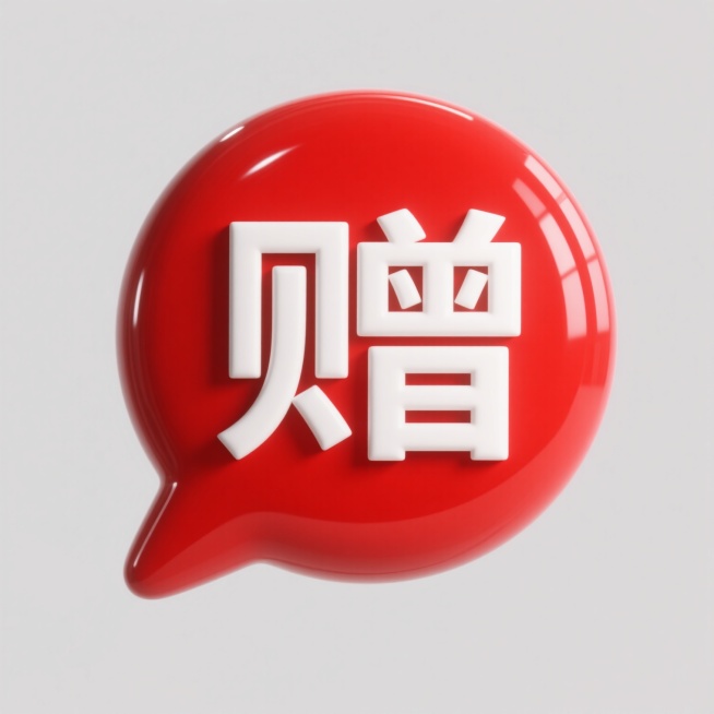 一个红色圆形对话框图标，内部有白色“赠”字，采用光滑塑料质感，带有高光和阴影效果，保持简洁醒目的设计风格，传达赠送的含义。预览效果