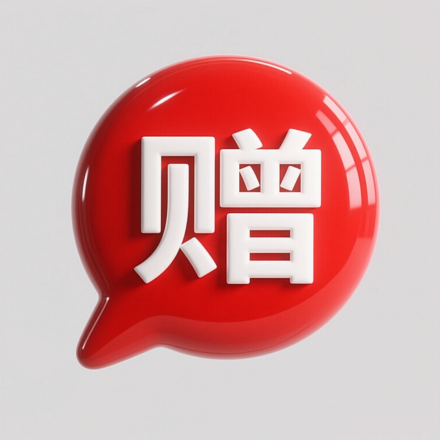 一个红色圆形对话框图标，内部有白色“赠”字，采用光滑塑料质感，带有高光和阴影效果，保持简洁醒目的设计风格，传达赠送的含义。
