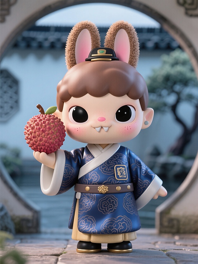 它穿着汉服的官服(带有暗纹细节的冷蓝丝绸)，举着一颗巨大的荔枝，背景苏州园林