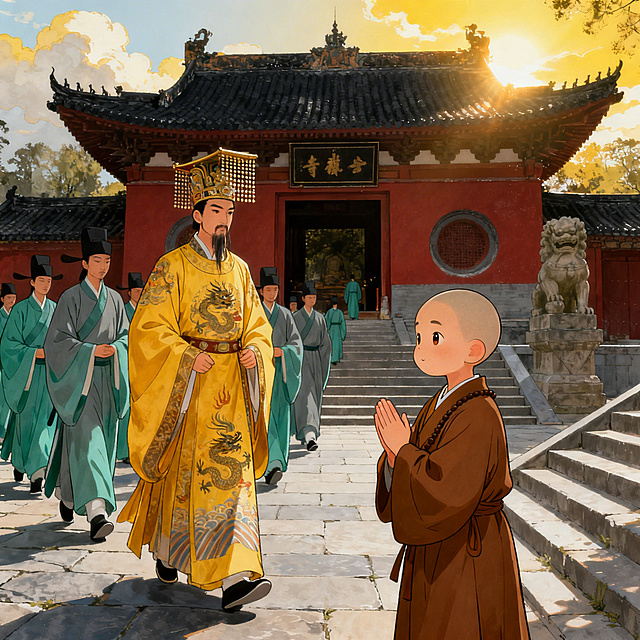 绘图：皇帝到寺庙参拜13岁的沙弥住持。