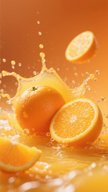 橙汁背景，特写镜头下的新鲜橙子，完整的橙子与对半切开、露出饱满果肉和清晰果瓣纹理的橙片错落分布，橙黄色的橙汁以动态飞溅的形态环绕水果，水花中裹挟着细密的气泡，整体画面呈现出高度写实的质感，明亮温暖的橙色调为主，光线从上方洒落，在橙子表皮和水花上形成高光与透明感，背景为纯橙色渐变，营造出生动鲜活、充满果汁感的氛围，无文字及其他装饰元素。预览效果