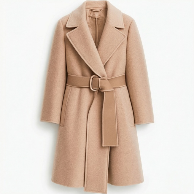垫图为用户上传的驼色收腰女士大衣，保持大衣外观与原图完全一致。纯白背景，大衣正面平整铺开，腰带系好自然垂落，光线均匀柔和，完整展示大衣的整体轮廓与版型细节，无阴影，画面干净清晰。主色调驼色，背景纯白色预览效果