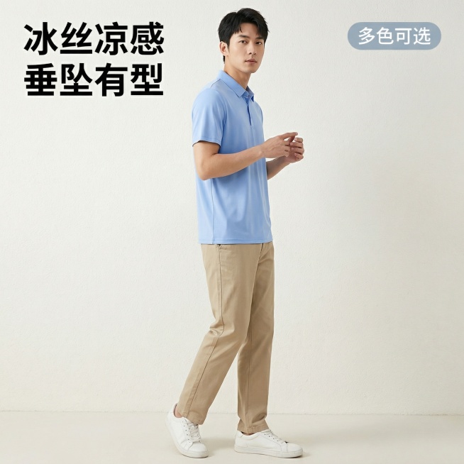 主图主题：多色冰丝Polo衫首图；氛围/风格：简约高级、清爽通勤风，自然光柔和漫射；画面元素：身高180cm亚洲男性模特（身着卡其色休闲西裤，白色板鞋）自然站立，浅蓝款Polo衫上身居中展示，模特侧身预览效果