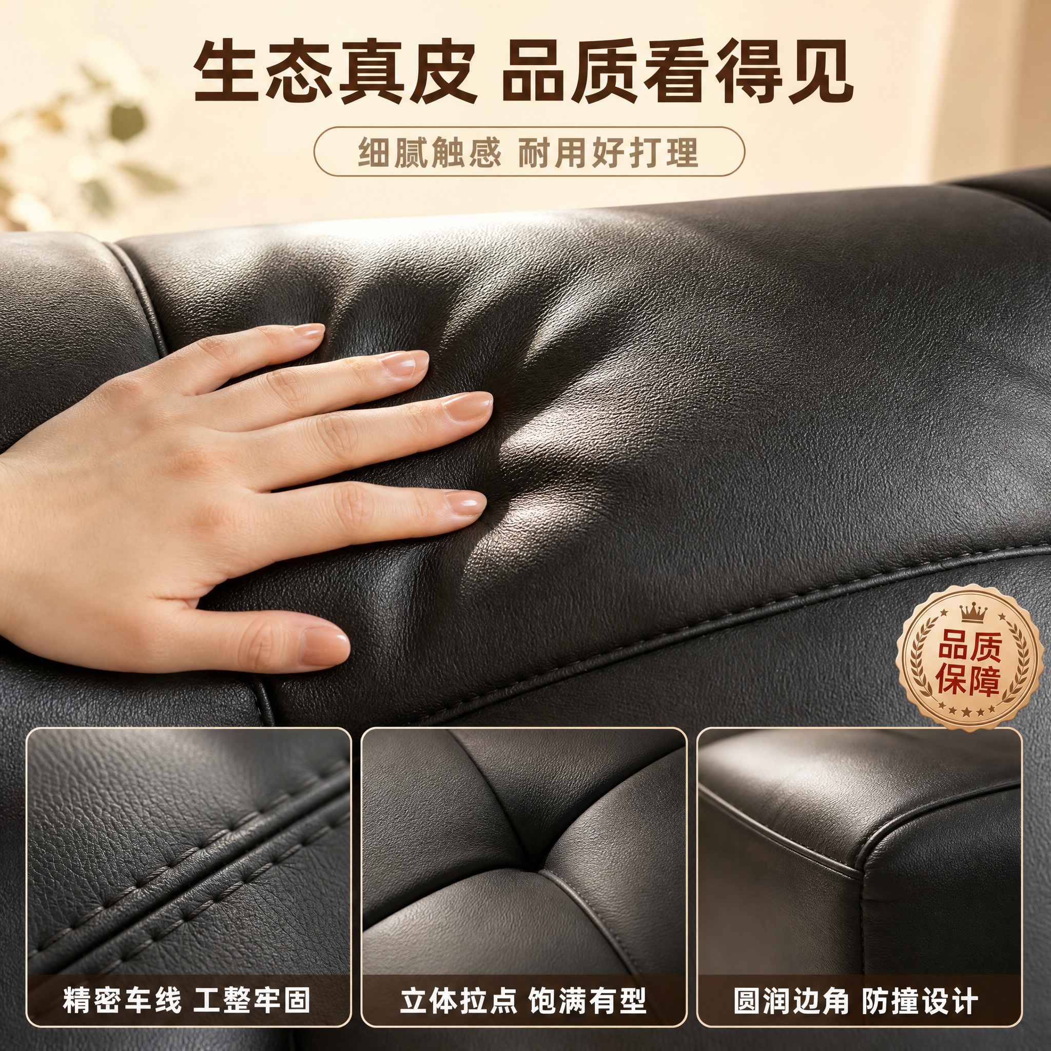 [主图-3] 生态真皮沙发材质与工艺细节展示主图，放大展示真皮… - 图片创意预览