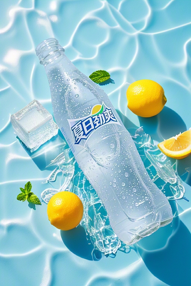 产品放置在蓝底水波纹上，方形冰块，冷凝水，清凉冰爽，薄荷，柠檬，溅起的水花，蓝橙色