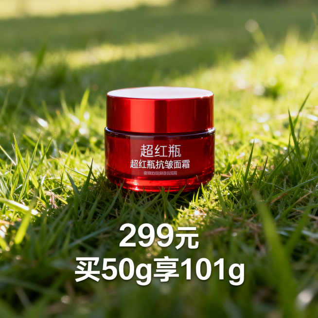 超红瓶抗皱面霜电商主图，场景为户外自然草坪，柔和自然光，面霜瓶身清晰展示，画面下方显示文字“299元”“买50g享101g”，营造天然护肤氛围预览效果