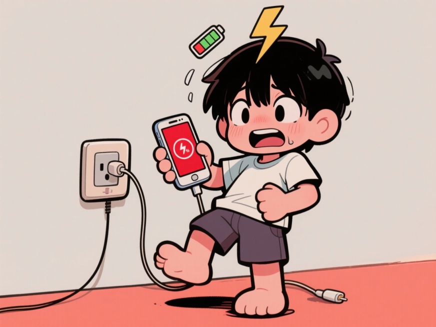 搞笑漫画风格图片生成，画面中小孩站插座旁，左手捧电量1%手机焦急跺脚，右手持充电线对准充电口，表情从慌张变如释重负，头顶闪电符号和电池图标，整体为粗线条高饱和色彩的漫画风格，尺寸760x570像素。预览效果