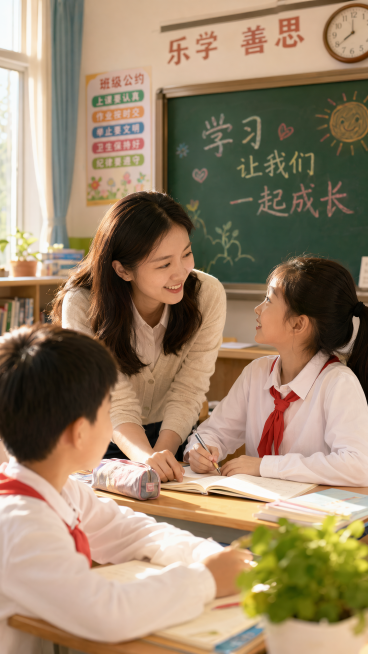 师生互动温暖的场景，老师和学生亲切交流，教室明亮氛围温馨预览效果