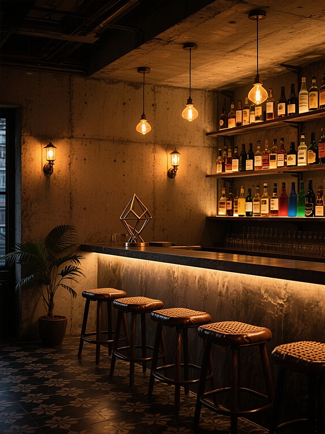 昏暗工业风酒吧内部场景，温暖的琥珀色灯光从天花板垂下照亮吧台区域，粗糙质感的混凝土墙面与吧台台面，吧台上摆放着造型独特的几何形状金属装饰物，后方多层置物架上整齐排列着不同颜色和形状的酒瓶，新增几盏复古壁灯点缀墙面，吧台前的高脚凳更换为带有编织纹理的皮革座椅，地面铺设深色复古花砖，角落里放置一盆小型热带绿植，整体氛围神秘而舒适，光影层次丰富，细节质感细腻，色调统一为暖棕黄色系。