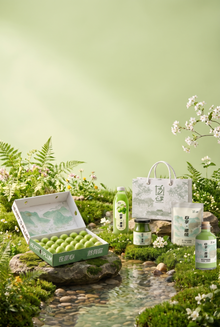 在图片上方进行扩图，将整体图片扩展至A4比例，保持原有青梅产品包装系列展示画面风格一致，扩展部分延续浅绿背景和自然花草氛围预览效果