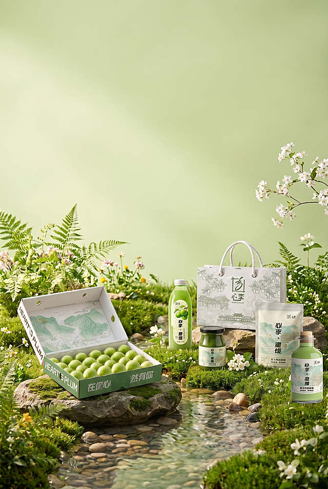 在图片上方进行扩图，将整体图片扩展至A4比例，保持原有青梅产品包装系列展示画面风格一致，扩展部分延续浅绿背景和自然花草氛围