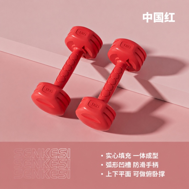 将中国红哑铃图片调整为1:1比例，重新排版版面，保证哑铃产品、所有文字内容都不变形，保持哑铃位置合理，文字排版协调美观，保持原有的红色调风格不变，调整后文字依然清晰可读。预览效果