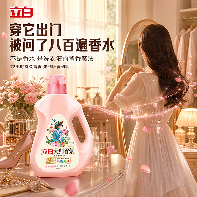 立白大师香氛洗衣液约会场景海报，女生穿搭香氛氛围感。浪漫生活方式风格，暖粉金配色心动感。商业摄影质感、光线柔和通透、产品清晰真实、画面干净高级。画面右侧是一位年轻女生的半身背影，穿着浅色连衣裙，站在穿衣镜前整理衣领，准备出门约会，发丝和裙摆有飘动的香氛粒子与玫瑰花瓣环绕。左侧前景放置立白大师香氛洗衣液瓶身，正面朝向观众略右转，约占画面百分之三十五。背景是温馨的女生卧室或衣帽间，有化妆台、香水、首饰、高跟鞋、鲜花，暖黄色台灯和纱帘，阳光从窗户洒入。香气从洗衣液瓶中飘散，连接到女生的衣物上，表达衣物留香带来的自信与魅力。保持洗衣液产品外观、物理结构、材质质感、颜色、标签图案文字与输入产品图一致，杜绝任何变形和色差。画面禁止出现多余的手、畸形手、人物面部扭曲，人物只展示背影或侧影，规避面部细节。暖金色自然光加台灯光，整体氛围浪漫温馨，瓶身有柔和高光，香氛粒子有微光，光影层次丰富，电影感氛围感。主色柔粉、暖金、米白，辅色浅棕、玫瑰红、衣物浅色系。平视视角，产品在左人物在右，香气流动连接两者，构图有故事感和流动感，景深中等偏浅。画面左上左对齐排版，主标题大字穿它出门 被问了八百遍香水，深棕色粗体无衬线字体最大号。下方副标题不是香水 是洗衣液的留香魔法，字号约为主标题百分之四十。再下方一行小字72小时持久留香 走到哪香到哪。左上角立白品牌Logo。1比1比例，文字清晰可辨，超高清商业摄影质感。变形文字错乱产品模糊背景杂乱水印电商平台Logo多余的手畸形手人物面部扭曲。