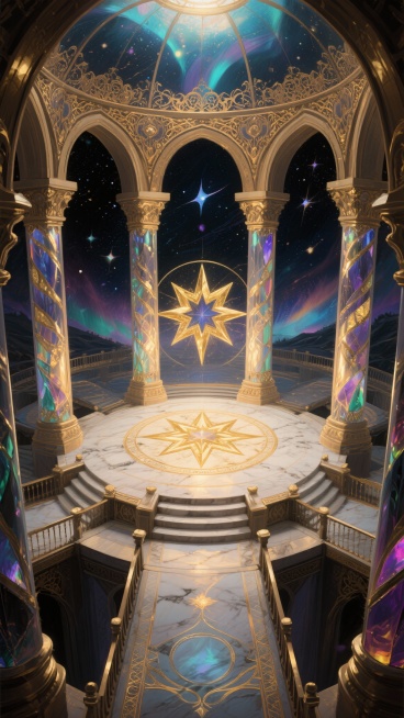 哥特式华丽拱廊，金色星芒魔法阵位于画面中心，星空穹顶，雕花立柱，发光魔法纹路，大理石质感平台，神圣梦幻，暗色调奢华，光影交错，超现实魔法空间，金属光泽装饰，星空粒子特效，渐变光晕，超现实空间感，中心对预览效果