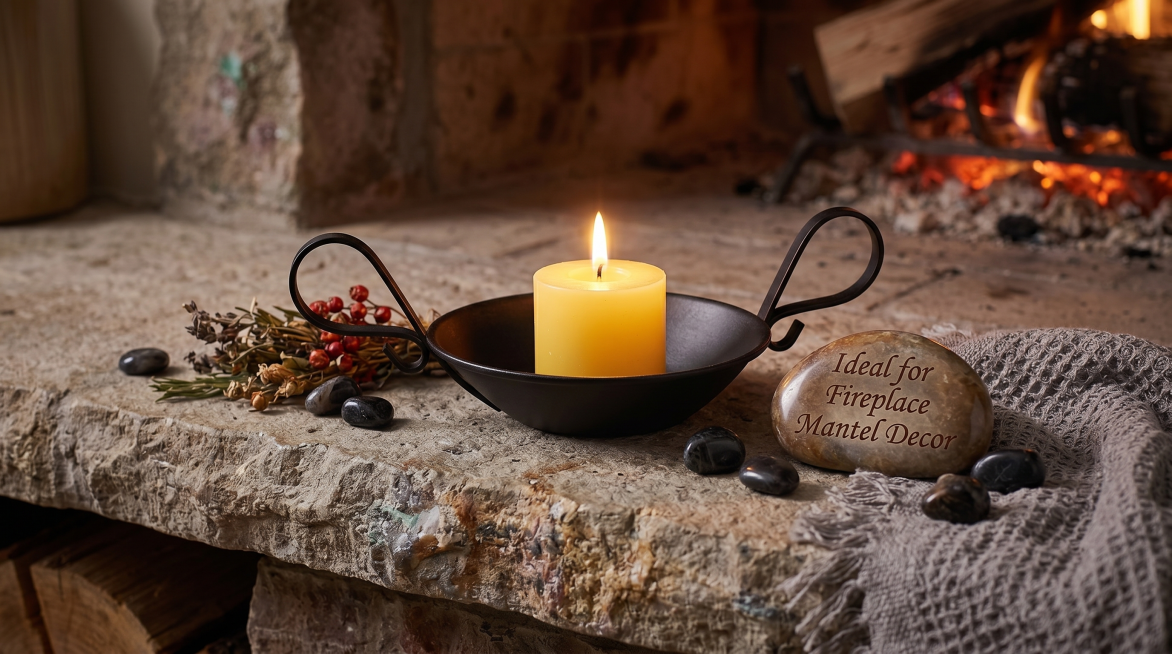 Black metal candle holder tray with handle and safety tip, decorated on a vintage stone fireplace ma预览效果