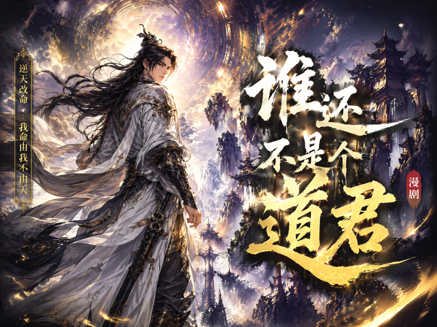 以提供的背景图为基础，生成4:3比例的爆款漫剧风格封面，添加醒目漫剧名称文字“谁还不是个道君”，保持玄幻古风氛围和爆款设计风格预览效果