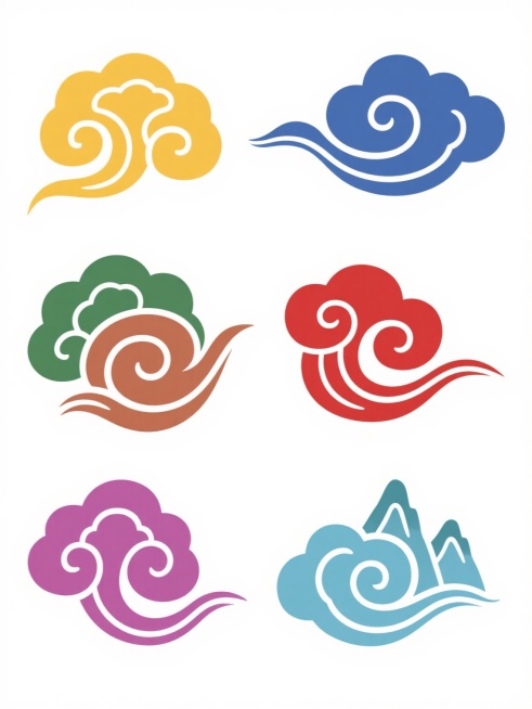 白色背景上，六个完全不同造型的中国传统云纹图案系列素材集合，规整排布。保持原图像的简约线条风格、扁平化设计和流畅曲线特征，将红色统一替换为六种不同的传统中国色彩：明黄、靛蓝、翠绿、赭石、粉紫、湖蓝。每个云纹图案都具有独特的卷曲形态、涡旋结构和飘带细节，有的如灵芝状，有的似如意形，有的呈波浪状，有的带山峰元素，线条流畅优美，简洁明快，具有浓厚的中国传统文化韵味和装饰美感，整体构图平衡对称，适合作……预览效果