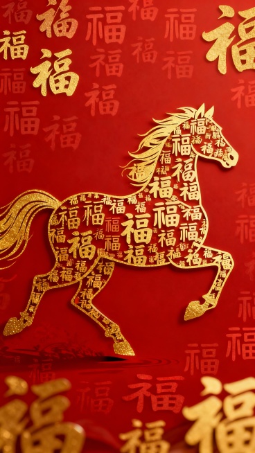 这是一幅充满新春气息的创意设计作品，以红色为背景，采用金色的无数的各种字体的“福”字组合成奔跑马的轮廓，整体风格喜庆且富有创意。作品融合了中国传统“福”文化与生肖马元素，传递出福气满满、马到成功的新春预览效果