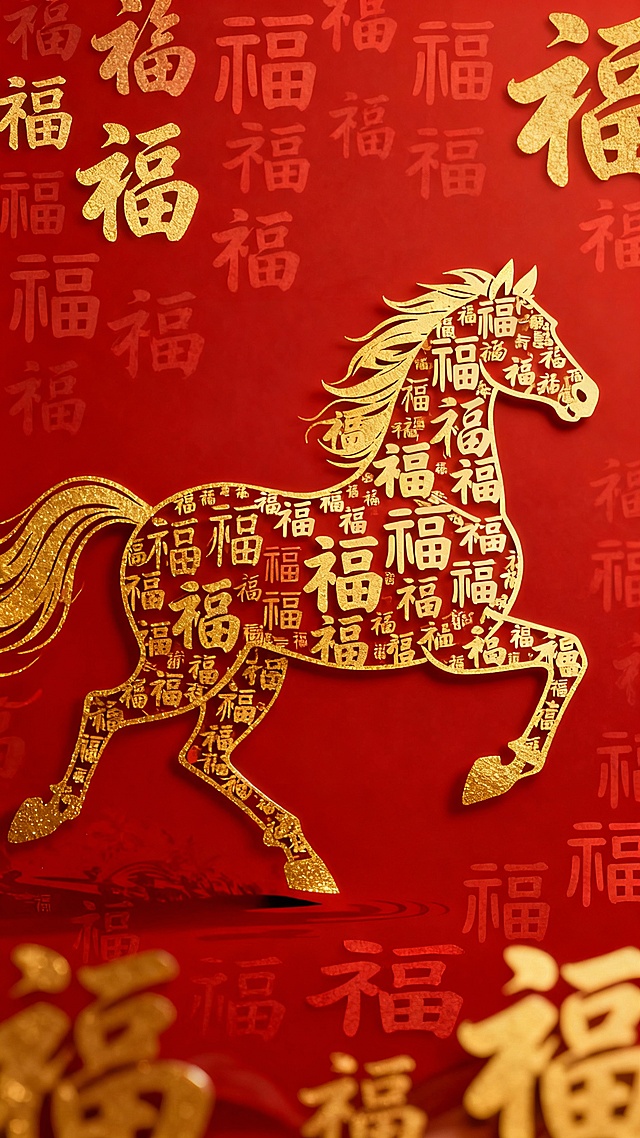国潮风剪纸马，鎏金福字构成，红金配色喜庆，中式年味浓厚，寓意马到成功、福满新春。