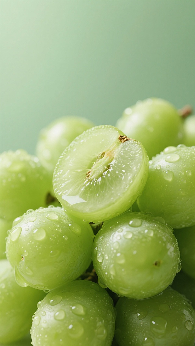 一堆饱满圆润的青提，果皮呈现出清新明亮的浅绿色，表面覆盖着晶莹剔透的水珠，反射出柔和的光泽。其中一颗青提被切开，露出鲜嫩多汁的果肉和清晰可见的果核纹理。整体画面采用近距离特写构图，背景为淡绿色渐变，突出青提的新鲜质感和水润光泽，营造出清新、健康、诱人的氛围，光线柔和均匀，高光和阴影过渡自然，展现出青提的细腻果皮和饱满形态。