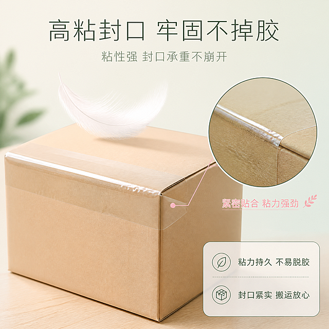 [主图-3] 静音无声封箱胶带 高粘封口卖点证明，清新雅致风格，展示粘性强封口承重不崩开。
[统一基调] 清新雅致风格，浅米白+淡薄荷绿渐变背景，主标题深墨绿细黑体，副标题灰绿色，强调色用柔粉色，字体统一为纤细优雅无衬线体，卡片用米白色半透明圆角矩形配细绿边，图标用纤细线性自然风。
[画面] 画面中央展示一个用透明胶带封口的浅米色牛皮纸箱，纸箱呈柔和立体角度放置，胶带横向封住纸箱顶部封口，胶带外观与输入图透明胶带一致。纸箱上方有轻柔向下的羽毛示意轻压承重，纸箱下方有浅木色台面，展示胶带封口承受压力不崩开的效果。纸箱侧面可以看到胶带粘贴牢固，边缘平整无翘起。画面右侧有圆形柔边放大窗，放大展示胶带粘胶层与纸箱表面紧密贴合的细节，体现高粘性，放大窗边缘有细绿线装饰。
[光影质感] 柔和自然光产品摄影质感，主光从左前方漫射，纸箱有温润立体感，胶带表面有柔和光泽反光，粘胶层细节清晰可见，纸箱底部有淡柔投影，整体质感清新雅致。
[配色] 背景浅米白+淡薄荷绿渐变，纸箱浅米色牛皮纸原色，胶带透明米黄色，主标题深墨绿，强调色柔粉。
[文字版式] 画面顶部居中大号细体深墨绿字主标题"高粘封口 牢固不掉胶"，下方稍小灰绿色字副标题"粘性强 封口承重不崩开"。画面右下角米白半透明圆角细绿边卡片，内有两行深墨绿小字："粘力持久 不易脱胶"、"封口紧实 搬运放心"。放大圆窗旁有柔粉色引线标注"紧密贴合 粘力强劲"。文字不遮挡纸箱和胶带主体，排版雅致宽松。
[输出要求] 1:1正方形比例，文字清晰，纸箱和胶带质感真实，无变形无错字，无水印无平台Logo，画面清新雅致。