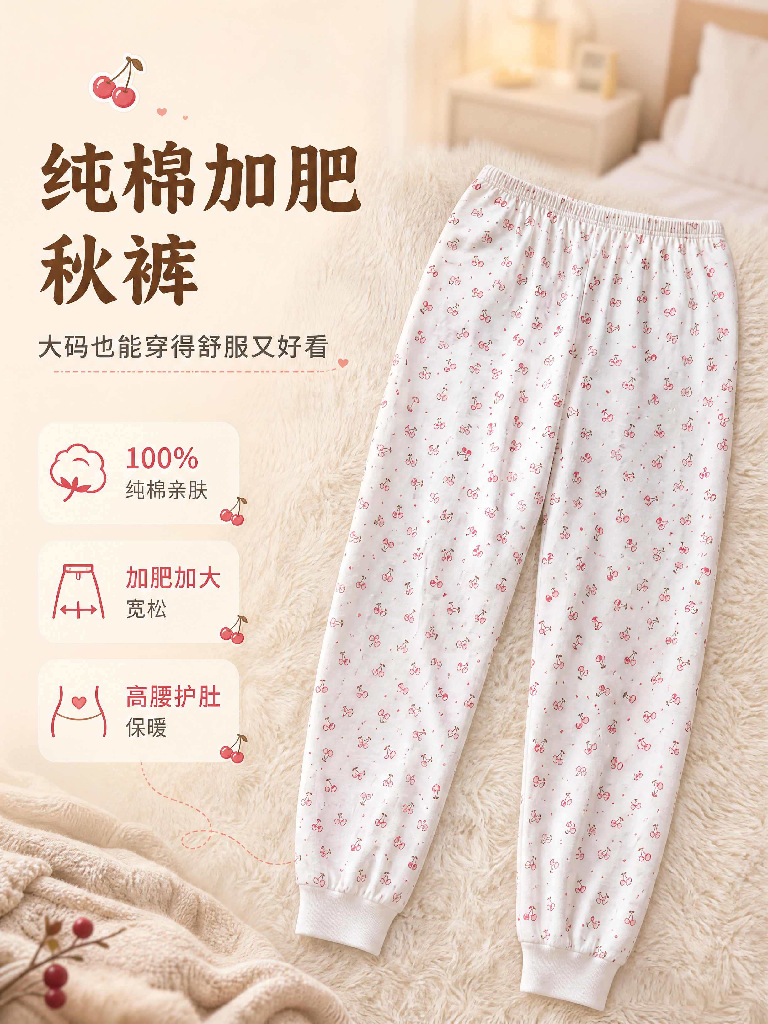 [商品] 使用【图3】纯棉女士加肥秋裤，白底红色樱桃草莓印花；… - 图片创意预览