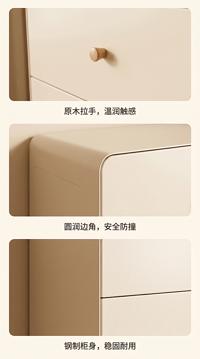 详情页第二屏：奶油风钢制五斗柜产品细节展示，分三部分特写展示：原木拉手、圆润边角、钢制柜身，保持产品细节与原图一致，不要添加规格尺寸文字信息。采用纵向排版，每个细节配简洁文字说明，整体风格统一，暖调光线。3:5比例，2k分辨率，超高清。负向提示词：变形，水印，文字错乱，添加规格尺寸，背景杂乱