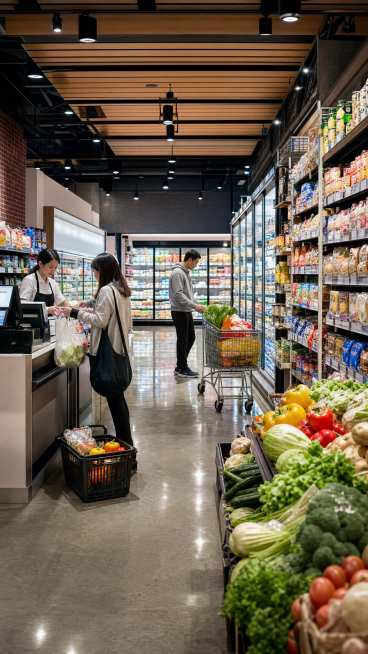 Realistic supermarket shopping scene, full shelves of goods, shopping cart, shopping basket, price t预览效果