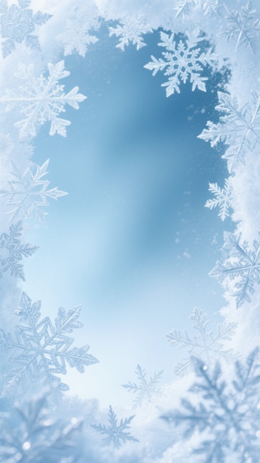 一张以冰霜为主题的背景图，画面整体呈现出晶莹剔透的冰雪质感，浅蓝色和白色为主色调，色彩和谐统一。边缘是由许多形态各异、精致细腻的冰晶和雪花图案构成的边框，这些冰晶和雪花有着清晰的六角形结构和复杂的分支纹理，仿佛真实的冰窗花一般。中心区域是渐变的浅蓝色，带有轻微的磨砂质感，形成柔和的视觉焦点，整体光影柔和，营造出一种寒冷、纯净、宁静而又神秘的氛围，给人一种置身于冰雪世界的感觉。预览效果