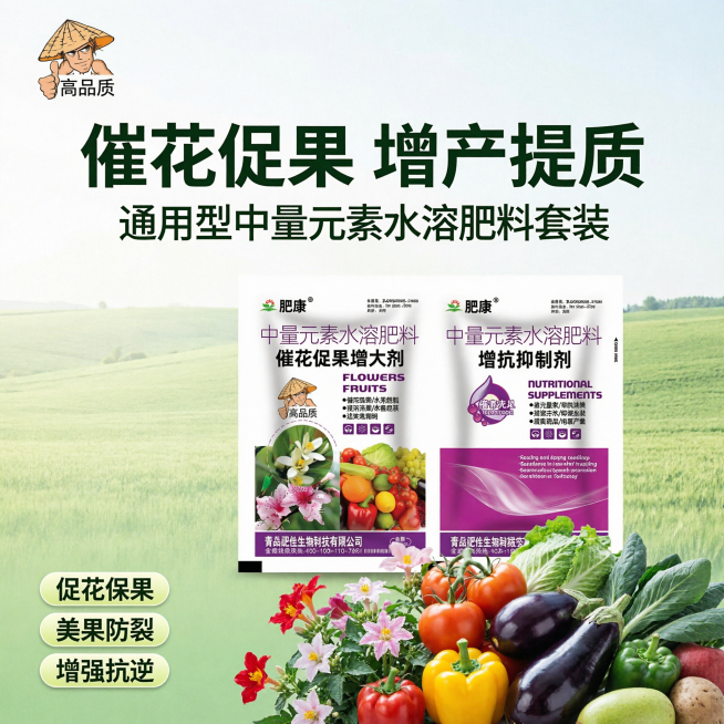 [主图-1] 肥康催花促果增大剂增抗抑制剂套装产品首图。[氛围风格] 农业农资产品，专业清新直白风格，突出性价比。[画质] 商业摄影质感、光线柔和通透、产品清晰真实、画面干净高级。[元素] 产品套装两预览效果