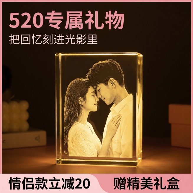玻璃画像定制电商主图，采用三分区布局，顶部核心信息区主标题“520专属礼物”，副标题“把回忆刻进光影里”，浪漫粉色字体，放在画面左上角；中部商品展示区居中放置暖光玻璃画像产品，雕刻的是情侣合影图案，暖预览效果