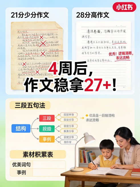 小红书风格教育成果对比图：左侧是低分作文（21分），字迹潦草、满是红叉；右侧是高分作文（28分），卷面整洁、有老师好评。中央大字“4周后，作文稳拿27+！”。画面包含“三段五句法”结构图、素材积累表、预览效果