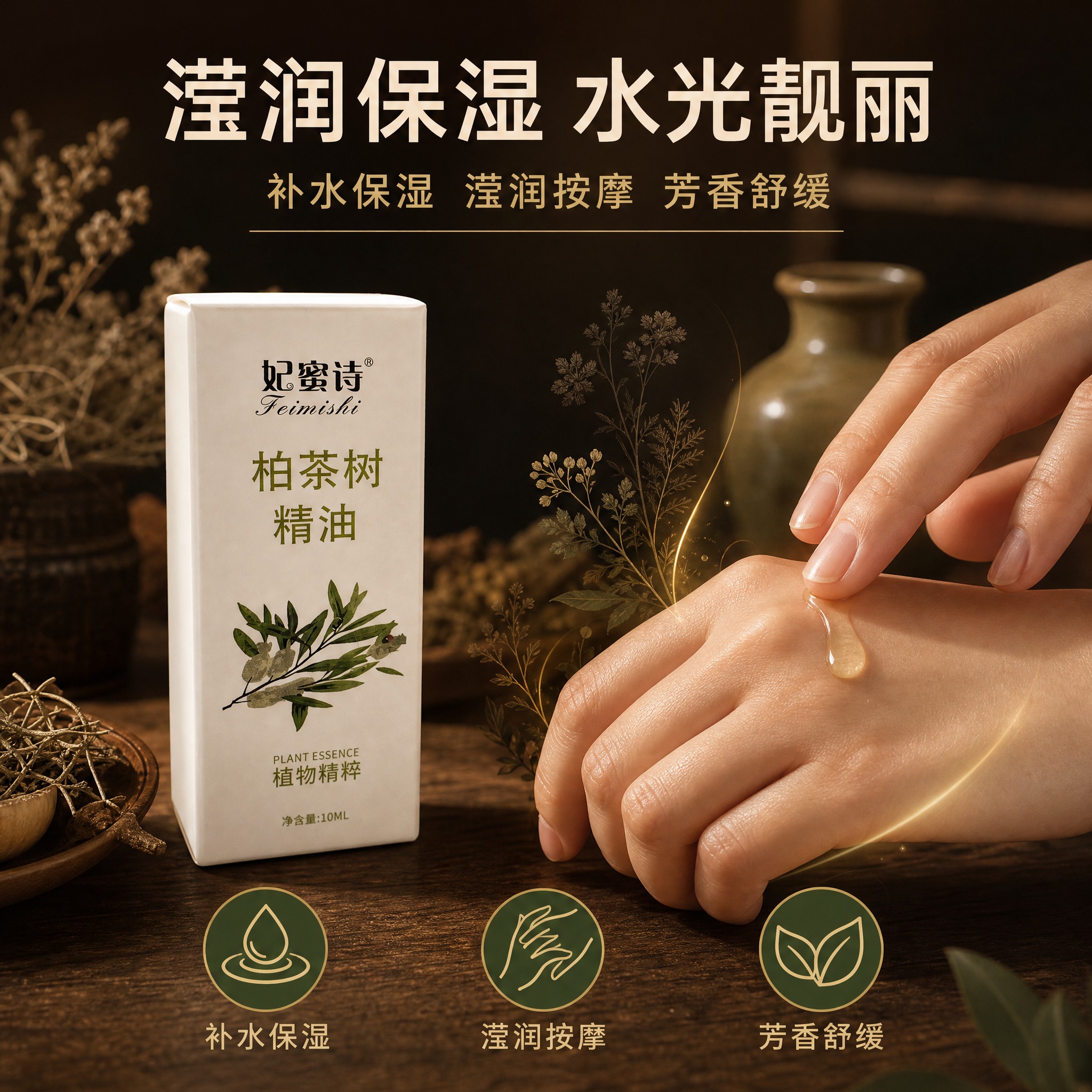 [主图-3] 功效展示与使用场景，突出精油的补水保湿、滢润按摩… - 图片创意预览