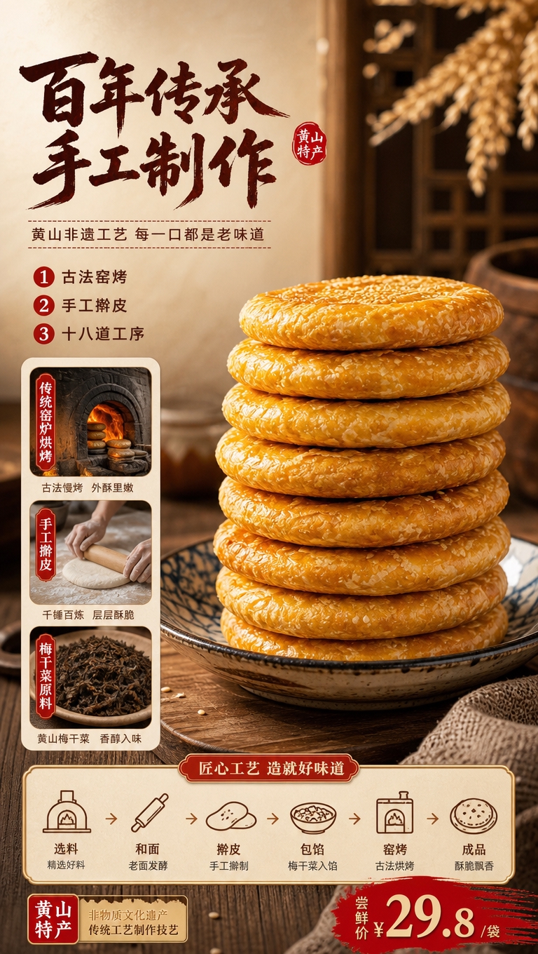 [商品] 使用【图8】黄山烧饼堆叠图；保留烧饼金黄酥皮、芝麻点… - 图片创意预览