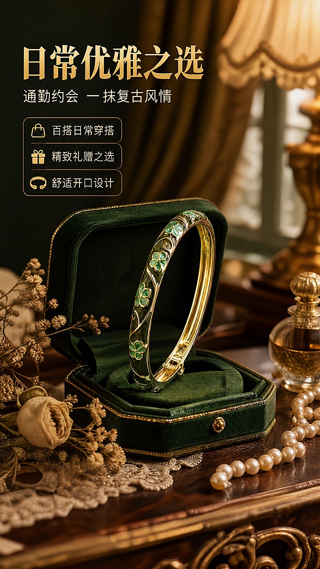 [商品] 使用【图1】复古珐琅花朵开口手镯；保留墨绿色珐琅底色、绿色五瓣花朵纹样、金色金属描边与卷草纹、弹簧开合卡扣结构、圆形手镯轮廓与合金镀金材质；增强珐琅釉面光泽与金属质感，不改变颜色、花纹和结构。
[画面] 目标为场景种草，营造复古优雅的佩戴与礼赠氛围，单场景沉浸型构图。手镯放置于复古木质梳妆台上的丝绒珠宝盒中，旁边点缀干花、珍珠和金色小香水瓶作为氛围道具。手镯位于画面视觉中心，主体占画面约35%。前景为梳妆台木纹，中景为珠宝盒与手镯，背景为虚化的复古窗帘与暖光台灯，共3层以上视觉层次。
[视觉] 套系策略：风格=跨境极简高级珠宝商业摄影；标题字=现代衬线粗体；正文字=简洁无衬线体；主色=墨绿+复古金；背景延展=基于墨绿与金色做深浅层级、同色渐变和细腻绒面/金属质感；强调色=浅金，仅用于小面积图标、引线和标签；标题色=复古金；正文色=浅米灰；组件=圆角金边信息卡、细线引线；光影=左前侧暖柔光，右侧柔和补光，突出珐琅釉面反光。
[文字] 画面左上区域放主标题「日常优雅之选」，副标题「通勤约会 一抹复古风情」，下方3个短卖点：百搭日常穿搭、精致礼赠之选、舒适开口设计。文字横向排版，不遮挡手镯主体。
[规格] 图片比例9:16竖版，4K分辨率，避免变形、错字、文字过小、颜色改变、结构失真、冷蓝背景。