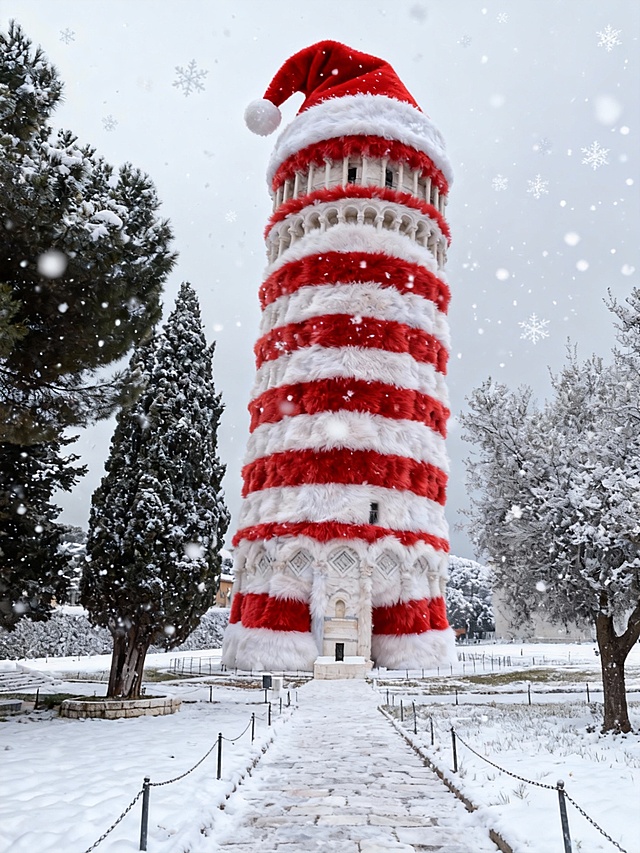 给建筑穿上毛绒绒的红白圣诞套装，塔尖戴圣诞帽，保持建筑原本形态，落雪背景。