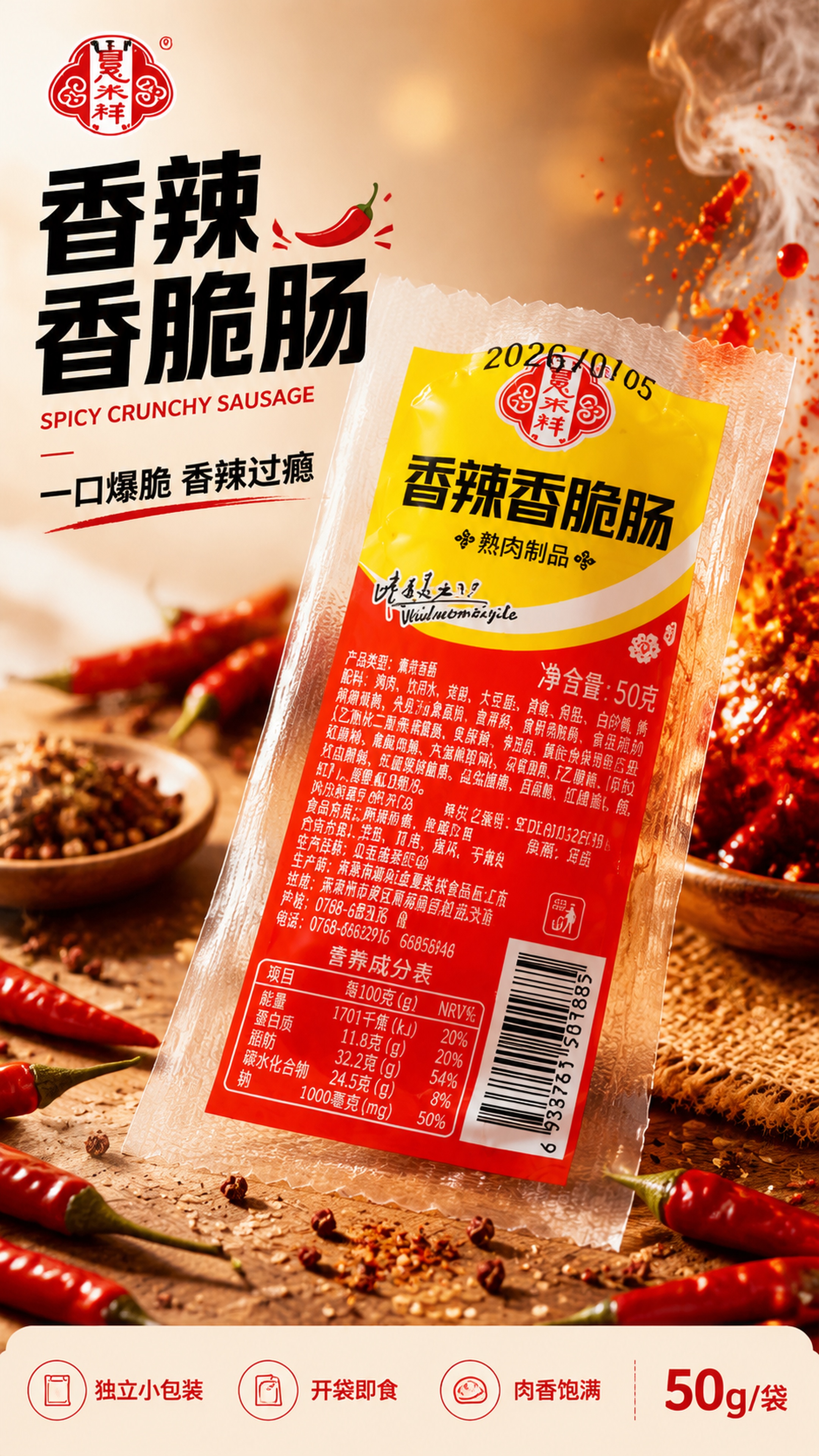 [第1屏] 详情页头图-夏米祥香辣香脆肠食欲氛围海报。本屏使用… - 图片创意预览