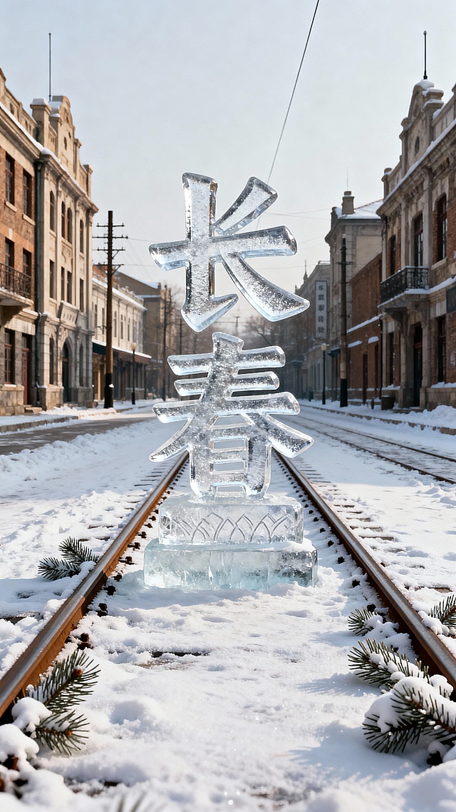 主视觉是银白渐变冰雕 “长春” 艺术字（竖版），冰面覆雪带有轨电车轨道纹理。背景是伪满欧式建筑群，地面延伸积雪轨道，边缘缀雪雕松枝，银白 + 浅棕配色，兼具城市底蕴与冬日清趣。