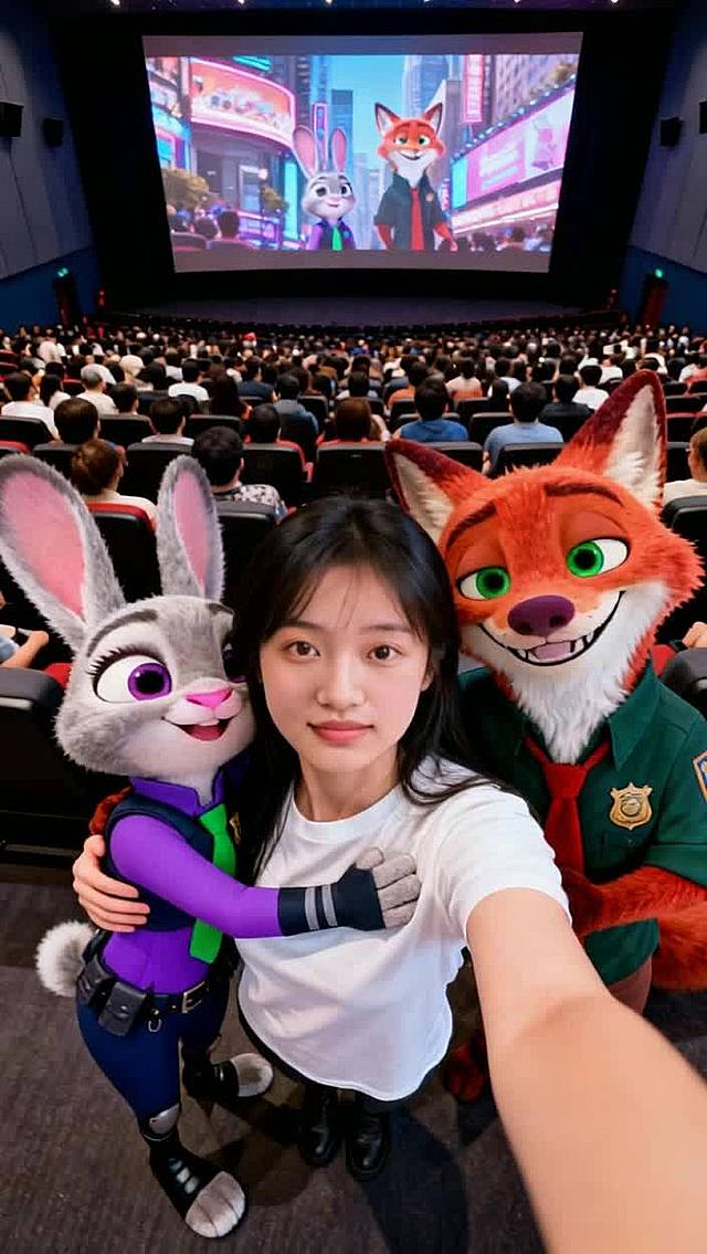 卡通感十足的3D角色与真人同框，动漫风设计融合毛发生长细节，影院场景充满节日氛围。