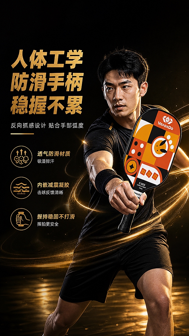 [商品] 使用【图1】T300碳纤维蜂窝减震匹克球拍；保留球拍结构、橙黑拍面、VAPORDO Logo、C-303标识、黑色边框与手柄；球拍由一位亚洲男性运动者手持，做出正手击球动作，球拍拍面清晰可见，手柄握持自然；增强球拍金属质感与碳纤维纹理。
[画面] 页面目标：人体工学防滑手柄使用场景展示，突出握感与运动体验；构图：左文右图，右侧人物持拍击球动态，左侧文案区；人物+球拍占画面65%；角度：人物侧身45度，球拍挥向画面前方；景别：中景（腰部以上）；阅读动线：从左至右；背景纯黑渐变+金色运动光线轨迹，人物周围有动态金色光带体现挥拍速度感，地面有微弱金色反光。
[视觉] 套系策略：风格=高端黑金运动商业摄影风；标题字=粗黑体力量感；正文字=简洁无衬线黑体；主色=深邃纯黑；背景延展=基于纯黑做深浅渐变、径向光晕和细腻磨砂质感；强调色=金属金色，仅用于光效、引线、图标、标题高亮和局部装饰；标题色=金属金色；正文色=浅银灰色；组件=金色细线引线、黑金信息卡、几何金色光条；光影=侧前方金色柔光打亮人物与球拍，背部金色轮廓光勾勒身形，动态光带增强运动感。
[文字] 左侧主标题："人体工学防滑手柄 稳握不累"，金色粗体；副标题："反向抓感设计 贴合手部弧度"，浅银灰小字；下方3个卖点图标+文字：透气防滑材质（吸湿排汗）、内嵌减震凝胶（击球反馈清晰）、握持稳固不打滑（挥拍更安全）。文字横向排版，不遮挡人物与球拍主体。
[规格] 图片比例9:16竖版，4K分辨率，负向提示：避免变形、错字、文字过小、彩色背景、白底、冷蓝色调、球拍结构改变、人物面部模糊、动作不自然、球拍Logo不可见。