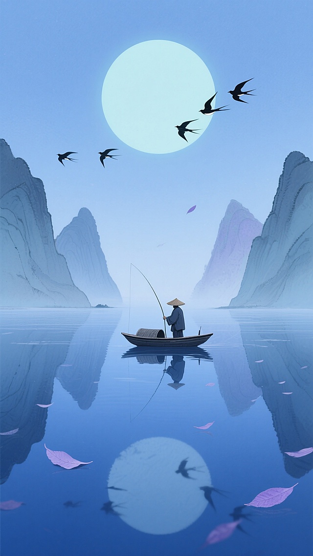 中国水墨画风格，宁静致远的意境，画面中央是一轮巨大的淡青色圆月，占据上半部分天空，散发着柔和的冷光。下方是平静的湖面，湖水呈现出深邃的靛蓝色，倒映着月亮和周围的景物。湖的两侧是几座青灰色的山峰，山峰轮廓简洁，形态柔和，呈现出层叠的效果。水面上有一叶扁舟，舟上有一位戴斗笠的渔翁正在垂钓，渔翁和小舟的颜色为深灰蓝色。天空中有几只黑色的飞鸟，呈人字形排列飞翔。几片淡紫色的落叶在空中缓缓飘落。整个画面色彩以青灰、靛蓝、淡紫为主色调，营造出清冷幽静的氛围，构图采用对称美学，水面倒影清晰，与实景完美对称，整体风格简约淡雅，具有浓厚的东方水墨韵味。